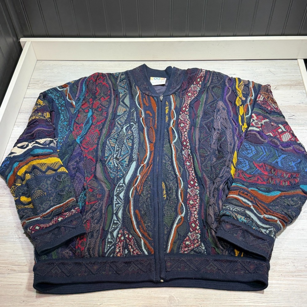 Vintage COOGI AUSTRALIA Lined Sweater Jacket L Multicolor Full Zip Pockets Rare